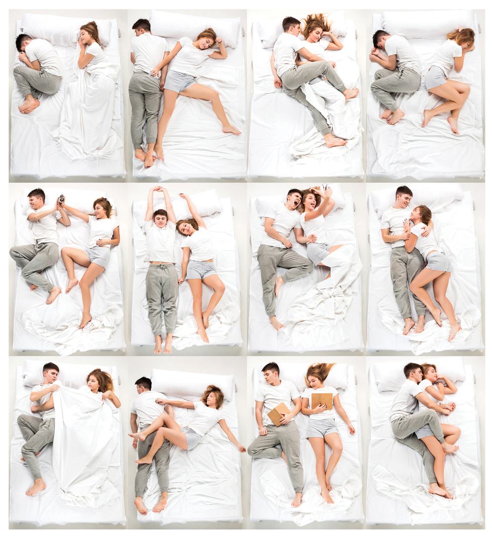 The young lovely couple lying in a white bed, love lconcept, top view. Collage